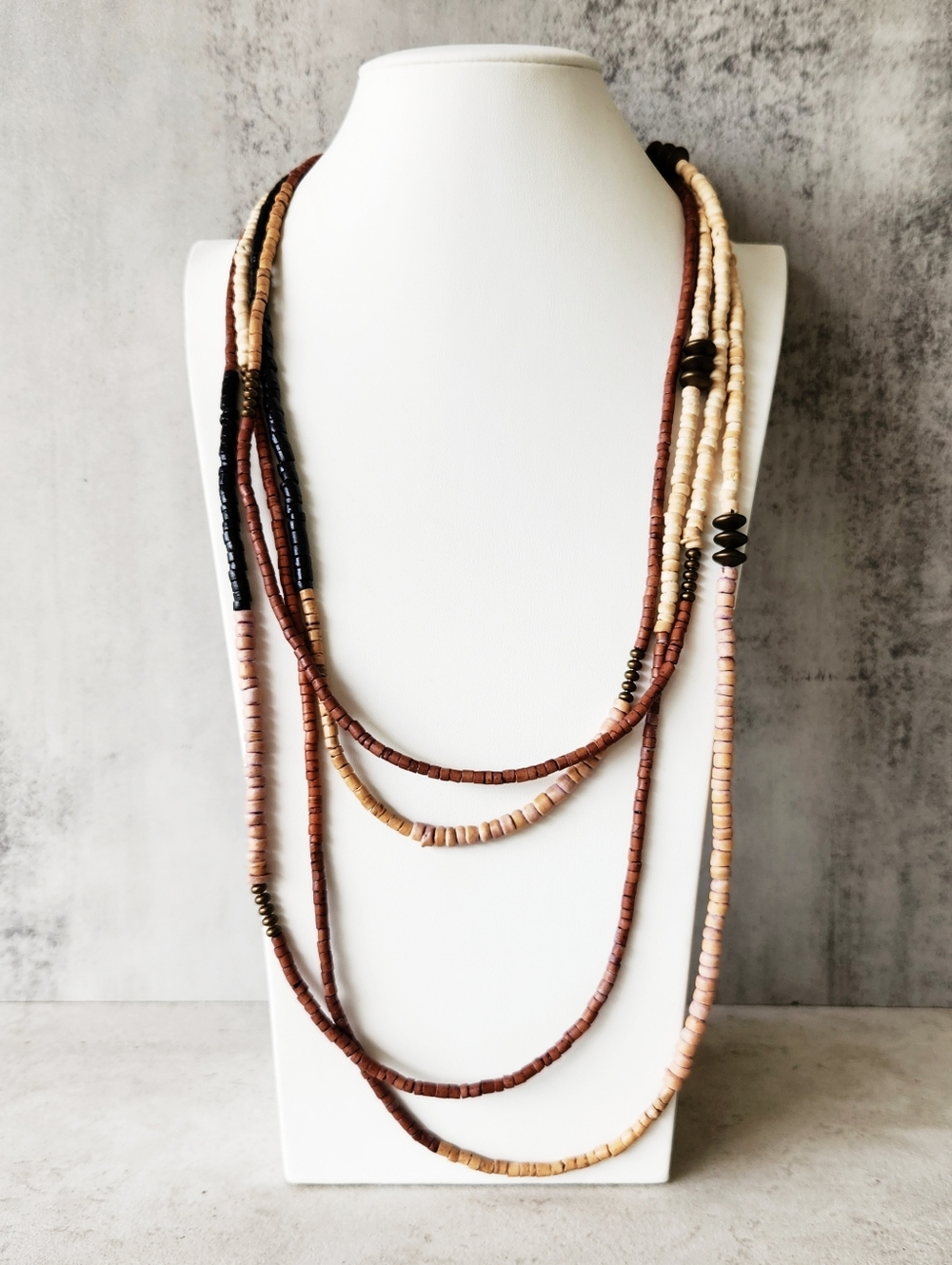 Ink + Alloy Wood and Metal Beaded Very Long Necklace 112 Inches Boho Earth Tones